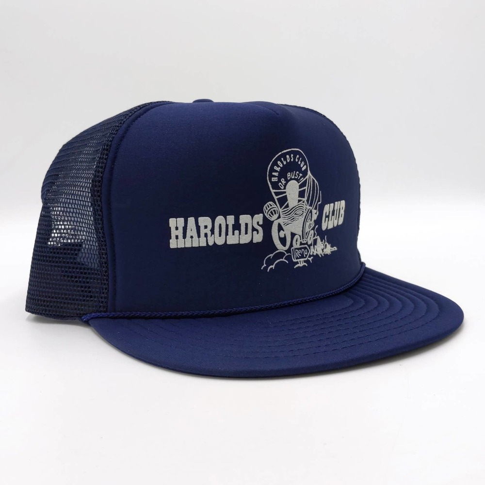 Harolds Club Casino Snapback Trucker Hat Mesh Cap Reno Nevada Navy Blue Vintage